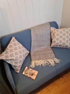 a blue couch with two pillows and a book on it at Milberry Green Meadows in Warlingham