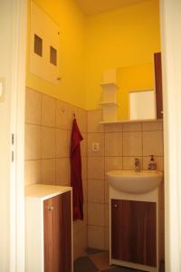 y baño con lavabo, espejo y lavabo. en Góry Sowie Apartament z osobnym wejściem, en Pieszyce