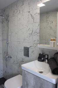 La salle de bains est pourvue d'un lavabo, de toilettes et d'un miroir. dans l'établissement Amalia Residences, à Nicosie