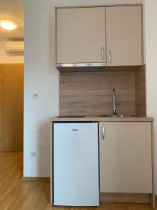 a kitchen with a white refrigerator and a microwave at Villa Marina Promajna in Promajna