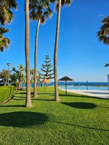 een park met palmbomen en een strand bij Summer House duplex en la playa con piscina in Benalmádena