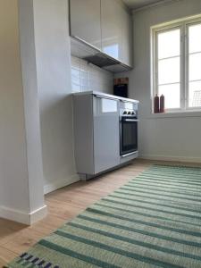 a kitchen with white appliances and a green rug at Huset i hagen in Mandal
