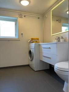 a bathroom with a washing machine and a toilet at Huset i hagen in Mandal