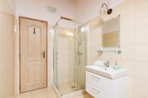uma casa de banho com um chuveiro, um lavatório e um espelho. em Adél Vendégház em Zamárdi