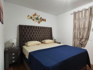 a bedroom with a large bed with a blue blanket at Sea star Apartment in Tivat