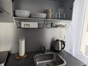 a kitchen counter with a sink and plates on a shelf at Schönes Apartment am Rhein - Zentral in Koblenz