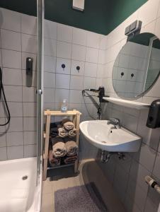 a bathroom with a sink and a mirror and a shower at Schönes Apartment am Rhein - Zentral in Koblenz
