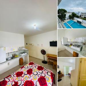 Habitación con cama, cocina y piscina en Casa de Huéspedes Playas Arena, en Playas