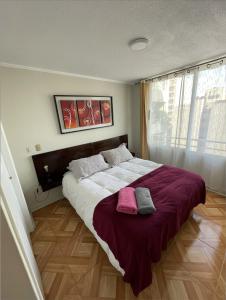 ein Schlafzimmer mit einem großen Bett mit zwei Kissen darauf in der Unterkunft Acuña & Donoso Apartamentos Centro in Santiago