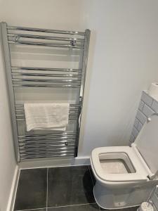 a bathroom with a toilet and a towel rack at Defining Luxury, Comfort& Class2 in Barking