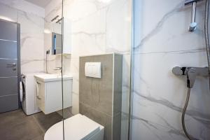a bathroom with a toilet and a glass shower at Bepo Apartments at beach in Metajna