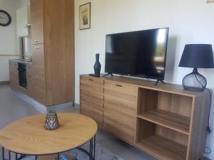 a flat screen tv sitting on top of a wooden entertainment center at APARTMANI SRCE MREŽNICE in Duga Resa