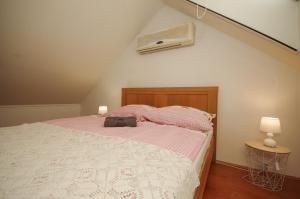 a bedroom with a bed and a air conditioner at Gyulai idill apartman in Gyula