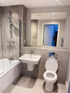 a bathroom with a toilet and a sink and a mirror at Executive Luxury stays in London