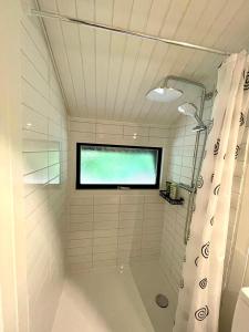 ein Bad mit Dusche und ein TV an der Wand in der Unterkunft Ferienhaus Kleine Auszeit in der Natur mit Kamin, Yogamatten, schöne Küche in Extertal