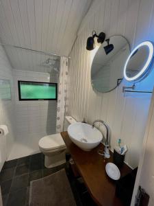 een badkamer met een wastafel, een toilet en een spiegel bij Ferienhaus Kleine Auszeit in der Natur mit Kamin, Yogamatten, schöne Küche in Extertal