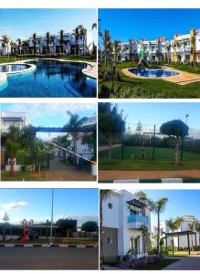 4 fotos diferentes de casas y una piscina en BEAU TRIPLEX EN RESIDENCE, en Skhirat