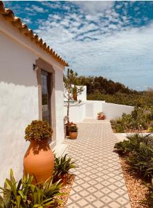 un jarrón naranja grande sentado fuera de una casa en Casa na Colina : The Cottage and The Long House, en São Brás de Alportel