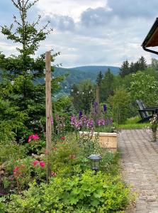 um jardim com flores e um banco ao fundo em Kleines Chalet im Erzgebirge mit Sauna und Kamin em Rechenberg-Bienenmühle