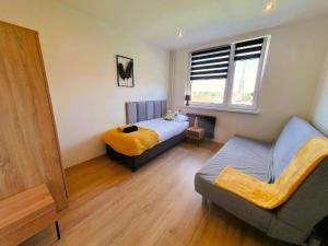 1 dormitorio con cama, sofá y ventana en HappyStay Gold en Gliwice