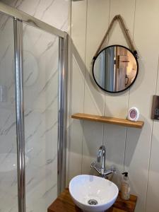 a bathroom with a sink and a mirror and a shower at Cotswold shepherd hut with hot tub and sauna Dog friendly in Charlton