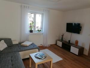a living room with a couch and a tv at Ferienhaus am Staufeneck in Piding