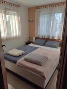 two twin beds in a bedroom with windows at Apartmani SLADJANA in Novi Sad
