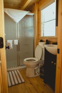 uma casa de banho com um WC, um chuveiro e um lavatório. em The Big Texan - Cabins and Wagons em Amarillo