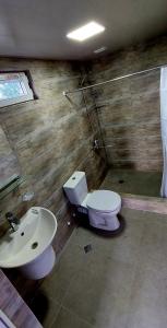 a bathroom with a toilet and a sink at Wooden House Garetke in Batumi