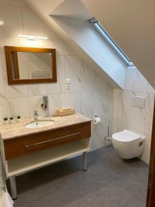 a bathroom with a sink and a toilet at Penzion Mořina in Mořina