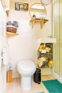 een badkamer met een wit toilet en een douche bij Tiny House in Kampen