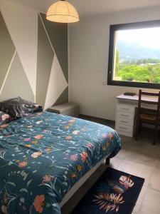 Un dormitorio con una cama y un escritorio y una ventana. en Location appartement T2 - 1 chambre le bourget du lac, en Le Bourget-du-Lac
