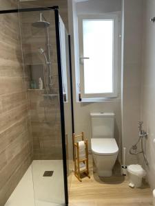 a bathroom with a shower and a toilet and a window at MURALLA E CAMIÑO in Lugo +28 photos