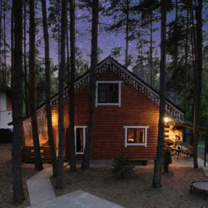 eine Blockhütte im Wald in der Nacht in der Unterkunft Ekodom in Voropayev