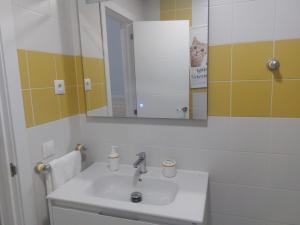 a bathroom with a sink and a mirror and a cat at La Palma in Tarajalejo +25 photos