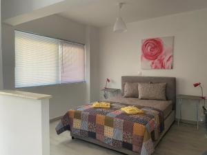 a bedroom with a bed with a colorful blanket at Alma Resorts Studio in Rhodes Town