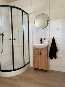 尼可薩茲的住宿－PoProstuDomki，带淋浴、盥洗盆和镜子的浴室