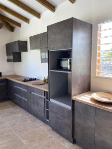 a kitchen with stainless steel cabinets and a microwave at Le Chalet des Rêves Ensoleillés in Saint-François