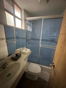 een badkamer met een toilet, een wastafel en een douche bij Hotel Fénix Real Bogotá in Bogota