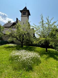 a building with a tower in a field of flowers at Apartment Regina, schnelles Internet in Knittelfeld