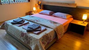 索佐波尔Sozopol Dreams apartman 35的一间卧室，床上有一张带毛巾的床