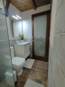 een badkamer met een toilet, een wastafel en een spiegel bij Casita Aljibe in San Miguel de Abona