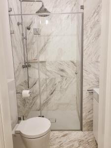 a bathroom with a toilet and a glass shower at Quiet Luxury Apartment Powiśle - Centrum Kopernik in Warsaw +7 photos