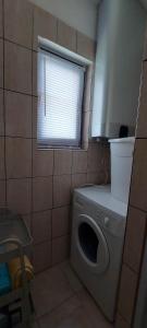 a small bathroom with a washing machine and a window at Apartman Danny in Slunj