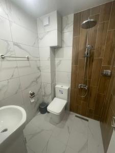 a white bathroom with a toilet and a sink at Studio Shevitsa & free Garage in Veliko Tŭrnovo