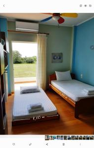 Duas camas num quarto com uma janela em Arbutus house em Preveza