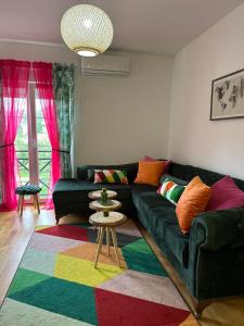 a living room with a green couch and a colorful rug at Apartman AURORA CETINJE in Cetinje