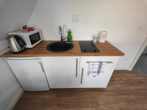 a kitchen with a counter with a microwave and a sink at Appartement 48m², Strasbourg centre à 15 min en train in Fegersheim