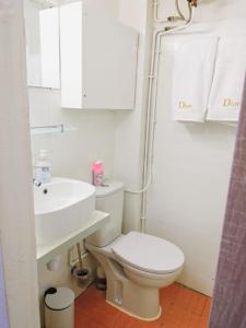 a white bathroom with a toilet and a sink at LAKAY SONSON in Les Anses-dʼArlets