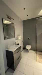 a bathroom with a toilet and a sink and a shower at Apartament Paula in Władysławowo